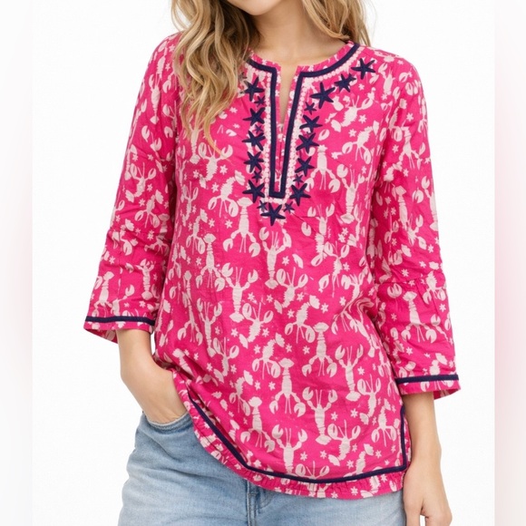 Talbots Tops - Talbots Pink White Blue Lobster Print Embroidered Cotton Tunic Top Size S NEW
